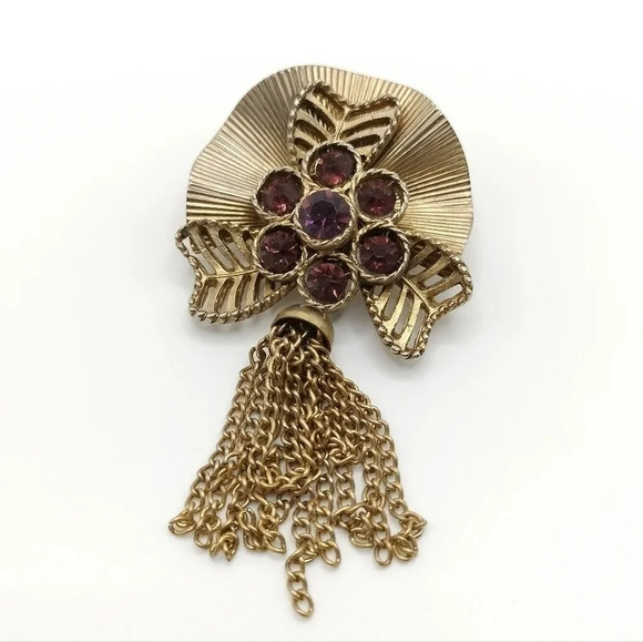 Amethyst Rhinestone Statement Brooch Gold tone leaves and Tassels Vintage 3" - Picture 1 of 10
